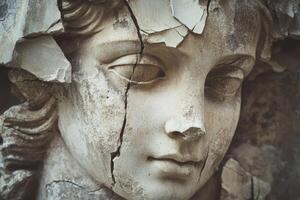 A Close-up of a Cracked Stone Statue of a Woman's Face photo