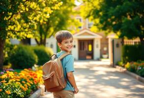 Smiling Boy with Backpack Walking Away from Home photo