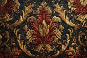 Intricate Gold and Red Floral Pattern on Black Velvet Fabric photo