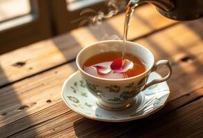 Tea with Rose Petals Being Poured into a Cup on a Wooden Table photo