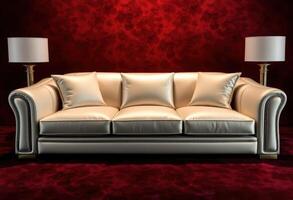 White Leather Sofa with Pillows and Lamps Against Red Wall photo