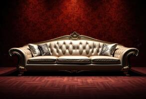 Ornate Gold-Trimmed Sofa with Cushions in Front of Red Wallpaper photo