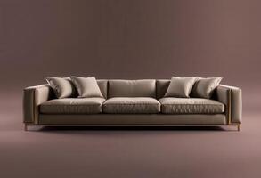 Beige Sofa with Gold Trim and Pillows on a Brown Background photo