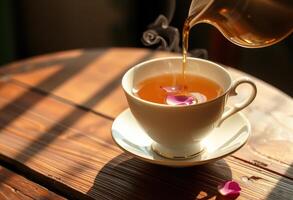 Tea being poured into a cup with a rose petal floating in it photo