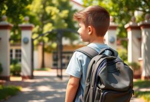 Boy with Backpack Standing by a Gate photo