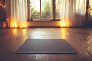 Yoga Mat on a Wooden Floor in a Room with Sunlight Streaming Through a Window photo