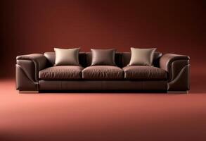 Brown Leather Sofa with Three Pillows on Red Background photo