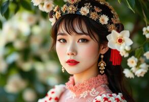 Portrait of a Woman in Traditional Chinese Attire with Floral Headpiece and Earrings photo