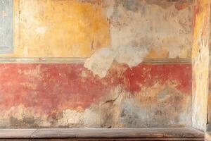 Weathered Stone Wall with Red, Yellow, and Gray Paint photo