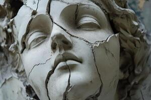 Close-up of a Cracked and Weathered Stone Sculpture of a Woman's Face photo
