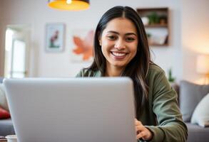 Woman Smiling While Using Laptop in Living Room photo