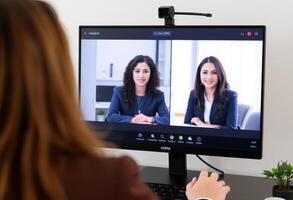 Woman on a Call with Two Other Women on a Computer Screen photo