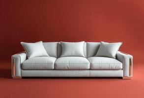 White Leather Sofa with Gold Accents on Red Background photo