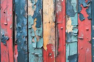 Weathered Wooden Planks with Peeling Multicolored Paint photo