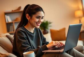 Smiling Woman Using Laptop and Holding a Cup of Tea photo