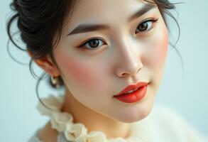 Close-up Portrait of a Young Woman with Red Lipstick and Blushed Cheeks photo