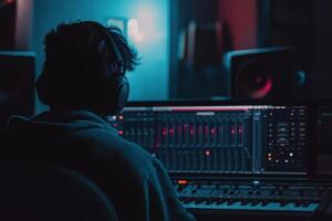 Silhouette of a Music Producer in a Studio with Headphones and a Computer Screen photo
