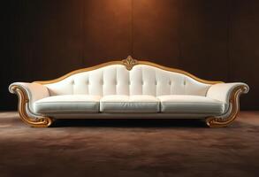 A White and Gold Ornate Sofa Against a Dark Background photo