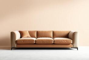 Beige Sofa with Pillow in Front of a Beige Wall photo
