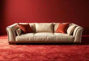 White Leather Sofa with Red Pillows on Red Floor photo
