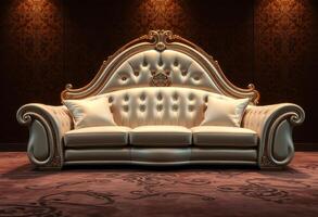 Ornate Gold and White Sofa with Button Tufted Upholstery photo
