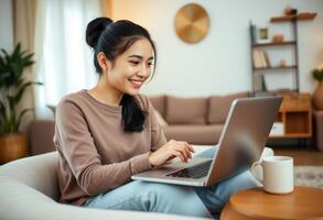 Woman Using Laptop While Sitting on a Couch photo