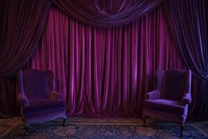 Two Purple Velvet Armchairs Flanked by Draped Curtains photo