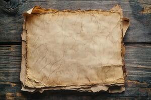 Old, Torn Paper on a Rough Wooden Surface photo