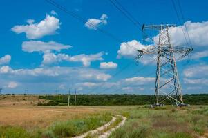 High-voltage power line against the background of the blue sky photo