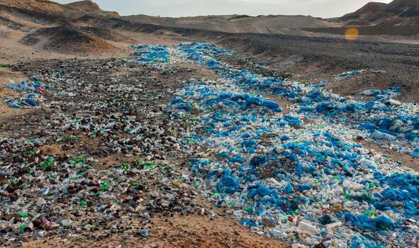 Plastic bottles and various garbage from hotels in the wild, Garbage dump in the desert in Egypt photo