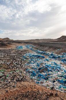 Plastic bottles and various garbage from hotels in the wild, Garbage dump in the desert in Egypt photo