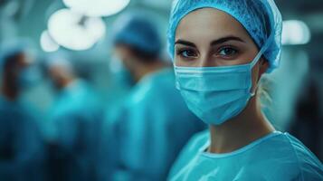 Surgeon in scrubs preparing for surgery in a hospital operating room photo