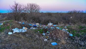 KOBLEVO, UKRAINE - JANUARY 16, 2020 - Illegal spontaneous garbage dump, wildlife pollution photo