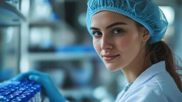 Young woman in lab coat and cap examining test tubes in a laboratory photo