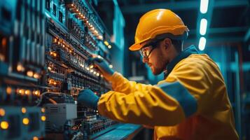 A man in a yellow hard hat and safety glasses working on a computer photo