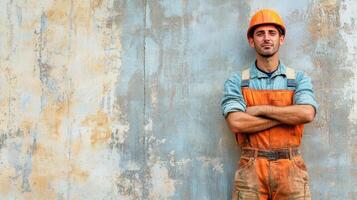 A man in an orange overalls and hard hat standing against a wall photo