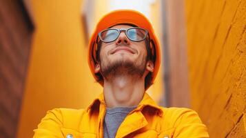 A man in a yellow hat and glasses photo