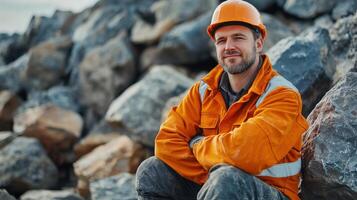 A man in an orange hard hat sitting on a rock photo
