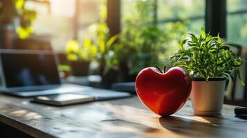A red heart on a desk with a laptop and plant photo