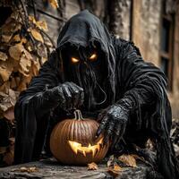 A grim looking person with a pumpkin carving photo
