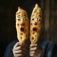 Two people holding up two food sticks with faces on them photo