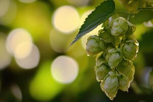 Hops are growing on a tree branch photo