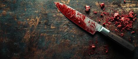 A knife with blood on it on a wooden table photo