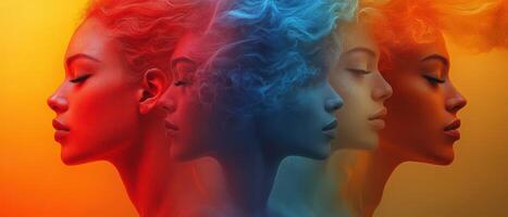Three women with different colored hair in front of a colorful background photo