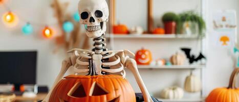 A skeleton holding a pumpkin in front of a table photo