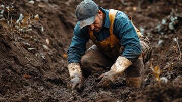 A man is digging in the dirt photo