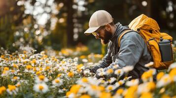 A man with a backpack and hat is sitting in a field of flowers photo