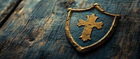 A golden shield with a cross on it photo
