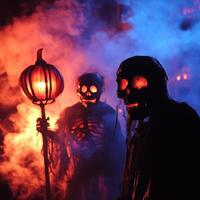 Two people in halloween costumes with smoke coming out of their mouths photo