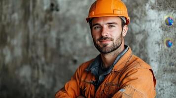 A man in an orange hard hat standing in front of a wall photo